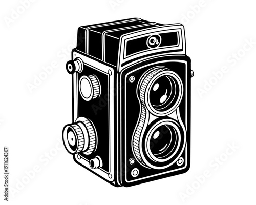 Obraz na plátně Vintage Twin Lens Reflex Camera Black and White Illustration