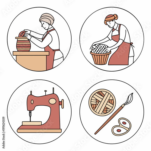 Illustrations of various sewing techniques and tools used in tailoring and garment making Vector