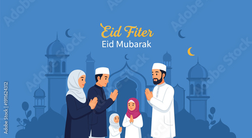 Happy Eid Mubarak Greeting Card Vector: Muslim Family Celebrating Eid al-Fitr or Eid al-Adha with Traditional Islamic Mosque Background.