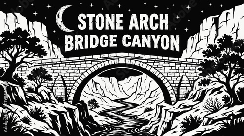 night ancient stone arch bridge landscape over canyon river with bright moon and visible stars across dark horizon showing historic architecture and celestial astronomy galaxy