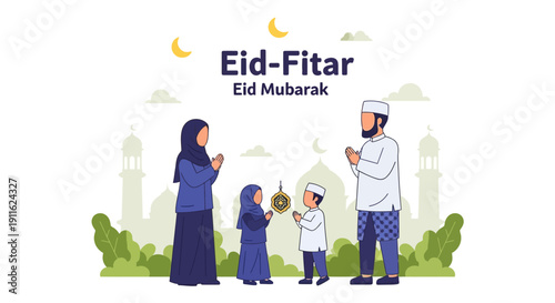 Eid al-Fitr Mubarak Greeting. Flat vector illustration of a Muslim family celebrating Lebaran, offering prayers and forgiveness after Ramadan.