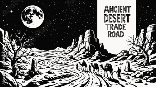 night ancient desert trade road landscape black and white with full moon and star filled sky across arid stone horizon showing historic route and celestial astronomy galaxy environment