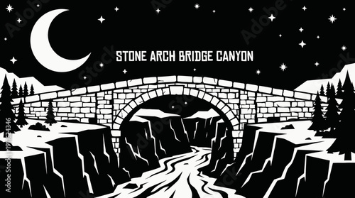 night ancient stone arch bridge landscape over canyon river with bright moon and visible stars across dark horizon showing historic architecture and celestial astronomy galaxy