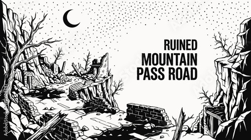 night historic mountain pass road landscape black and white with crescent moon and dense stars across rocky horizon showing ancient stone pathway and celestial astronomy galaxy environment