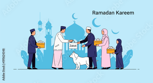 Flat Vector Illustration of Muslim People Performing Zakat Al-Fitr and Giving Food Donation During Ramadan Celebration in front of a Mosque Silhouette.