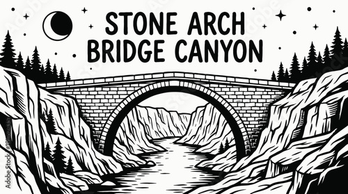 night ancient stone arch bridge landscape over canyon river with bright moon and visible stars across dark horizon showing historic architecture and celestial astronomy galaxy