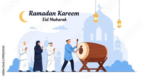 Ramadan Kareem and Eid Mubarak Celebration Illustration with Muslim People, Mosque Silhouette, and Bedug Drumming for Suhoor/Iftar Announcement