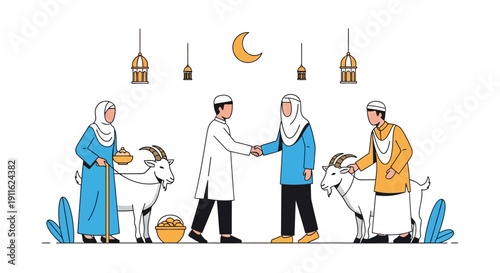 Eid Al-Adha Mubarak: Muslim Family Greeting, Qurbani Sacrifice, Goats, and Islamic Lanterns Vector Illustration.