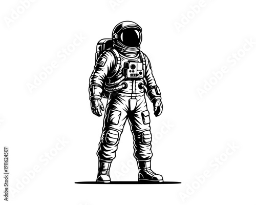 Detailed Black and White Illustration of Astronaut Standing in Spacesuit