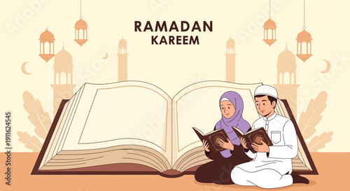 Ramadan Kareem Illustration: Muslim Couple Reading Quran During Holy Month, Flat Vector Design with Mosque Silhouettes, Lanterns, and Sacred Book Background