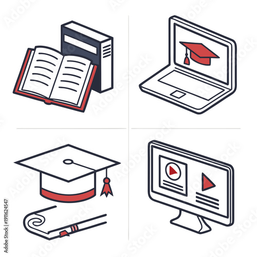 Educational icons representing online learning and academic achievement Vector