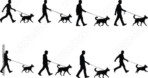 Silhouettes of people and dogs walking on leashes.