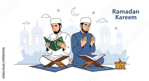 Ramadan Kareem Banner: Two Muslim Men Reading Quran and Praying (Dua) on Prayer Mat, Islamic Devotion and Worship Illustration.