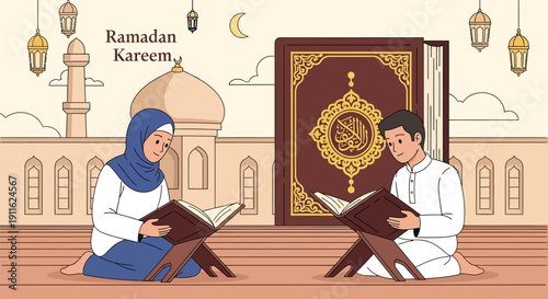 Ramadan Kareem: Muslim Couple Reading the Holy Quran. Islamic Worship, Prayer, and Devotion Illustration Background for Fasting Month.
