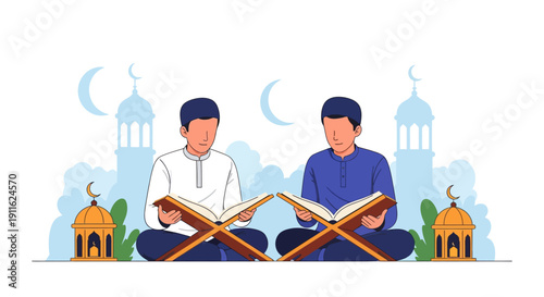 Two Muslim Men Reading Holy Quran on Rehal Stand. Islamic Religious Study and Education during Ramadan Mubarak. Flat Illustration Vector.