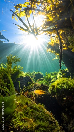 A serene underwater scene with sunlight filtering through aquatic plants