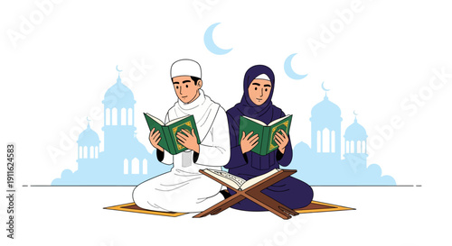 Muslim Couple Reading Quran Illustration for Ramadan and Islamic Education. Man and Woman Studying Holy Book in Mosque Silhouette Background.