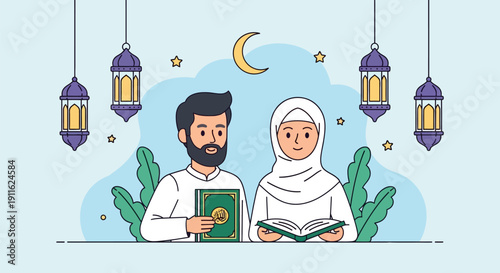 Muslim Couple Reading Quran during Ramadan Kareem. Vector illustration of Islamic celebration with Fanoos lanterns, crescent moon, and stars.