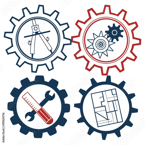 A collection of gears and tools representing various aspects of engineering and industry. Vector