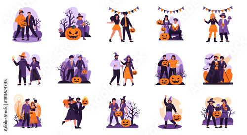 Halloween Couples and Characters Flat Vector Bundle. People in Spooky Costumes, Witches, Vampires, and Jack-O'-Lanterns Collection Set
