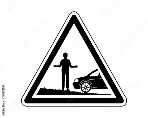 Stranded Driver and Broken Car Warning Sign Silhouette Icon