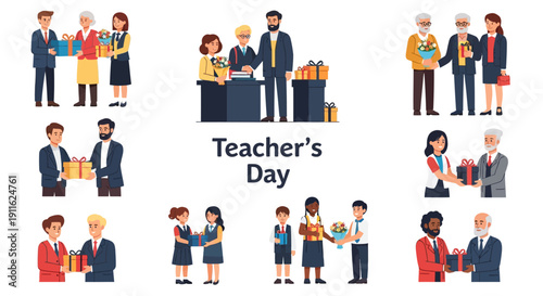 Teacher's Day Celebration Illustration: Students, Parents, and Colleagues Giving Gifts, Flowers, and Showing Gratitude to Educators.