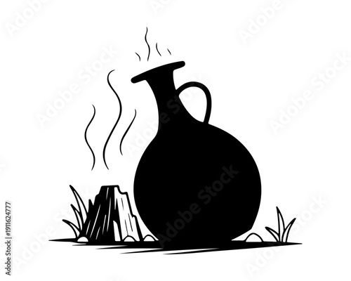 Traditional Steaming Clay Pot (Jebena) and Fire Silhouette Icon