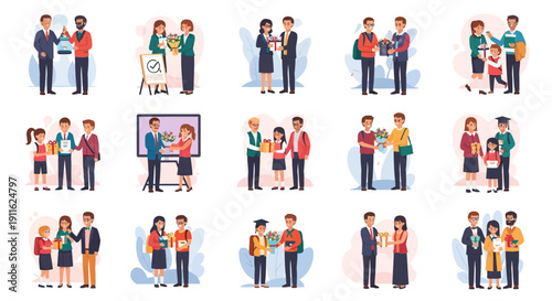 Gift and Award Giving Illustration Set. Corporate Recognition, Teacher Appreciation, Student Ceremony, and Achievement Celebration Vector Art.