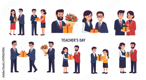 Teacher's Day Gifting Set. Collection of Illustrations Showing Students and Colleagues Giving Presents and Flowers to Male and Female Educators.