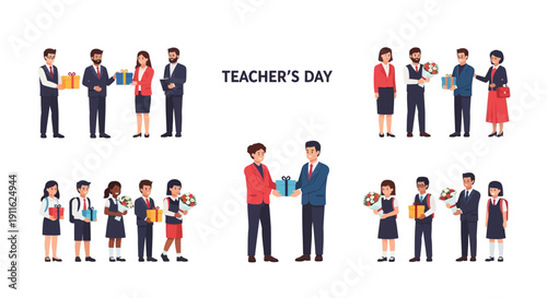 Happy Teacher's Day Celebration Set. Students and Parents Giving Gifts, Flowers, and Appreciation to Teachers and Educators.