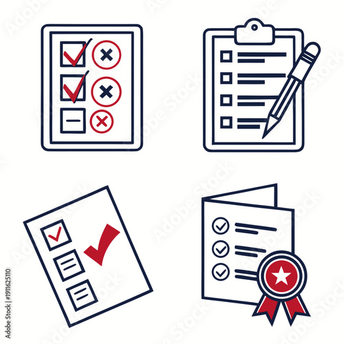 Various documents and forms with checkmarks and stamps indicating completion and approval Vector