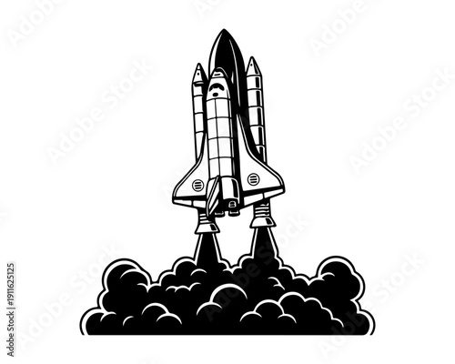 Space Shuttle Launching Vector Icon Black and White Illustration