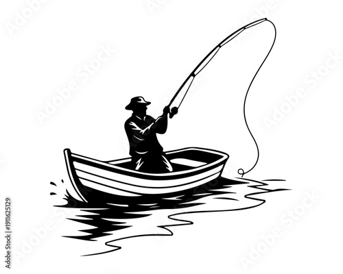 Silhouette of Angler Fisherman in Boat Casting Rod Retro Woodcut Style