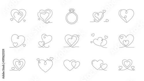Love in Line: A collection of elegantly drawn heart outlines and a diamond ring, symbolizing love, romance, and commitment in a minimalist artistic style.