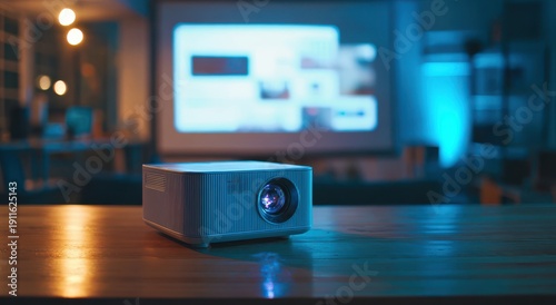 Sleek Home Projector Casting Vibrant Smart UI on Large Screen in Atmospheric Living Room.