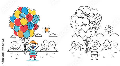 Cute cartoon boy holding a bunch of balloons in the park with black and white outline for coloring book page. Vector illustration of a happy child for kids activity and education.