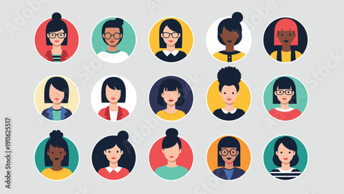 Collection of fifteen diverse female avatar icons with various hairstyles, accessories, and ethnic backgrounds in colorful circles.