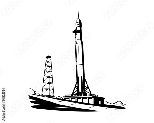 Space Rocket on Launchpad Black and White Graphic Illustration