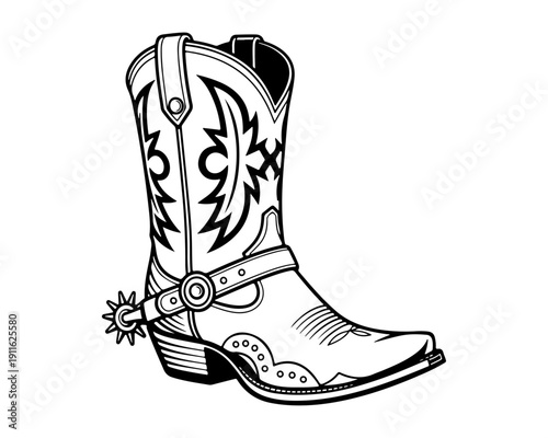 Western Cowboy Boot with Spur Illustration - Black and White Line Art Vector