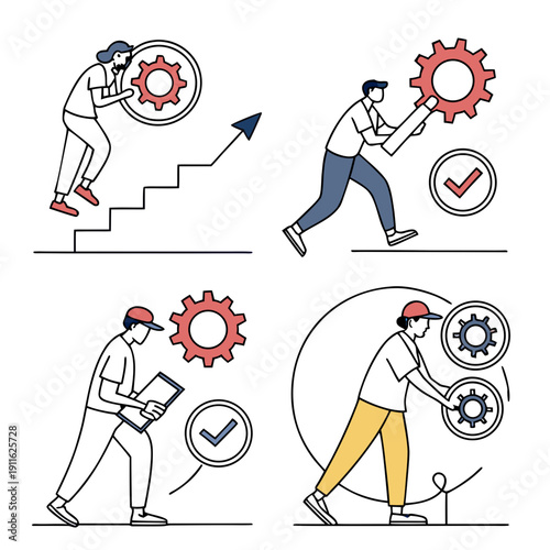 Illustrations of people achieving goals and overcoming obstacles with determination. Vector