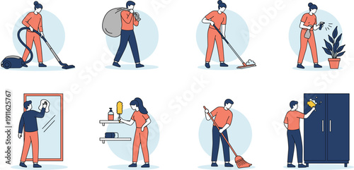 Flat vector illustration performing professional cleaning services including vacuuming mopping dusting taking out trash and cleaning windows for housekeeping and home maintenance business designs