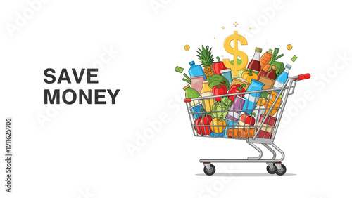 Full shopping cart with various grocery products and golden dollar sign symbolizing money savings and economy.