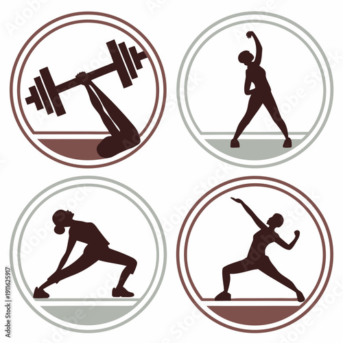 Four different people performing various exercises in a gym setting Vector