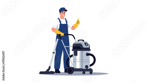 Friendly male cleaner in blue overalls giving a thumbs up while standing next to a large industrial vacuum.