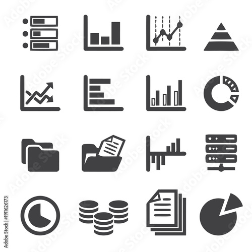 Data and analytics icons with charts, graphs and financial elements