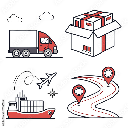 Illustrations of various transportation and delivery methods Vector
