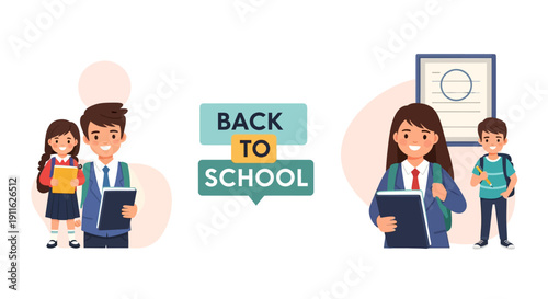 Back to School Banner: Happy Students in Uniform Ready for Class. Diverse Elementary and Middle School Children Vector Illustration.