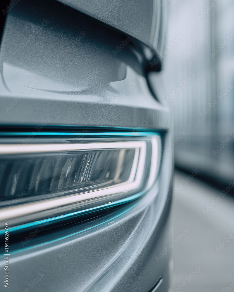 Obraz premium Sleek hydrogen fuel cell truck close up modern headlight silver exterior futuristic design clean energy urban background innovative technology eco friendly vehicle