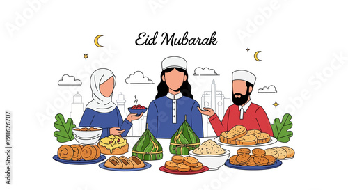 Happy Eid Mubarak Illustration. Muslim Family Celebrating Eid al-Fitr Feasting Together with Traditional Food, Sweets, Dates, and Rice.