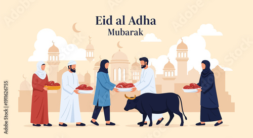 Eid al-Adha Mubarak Vector Illustration of Muslim Community Distributing Qurbani Meat (Sacrifice Festival) with Mosque Background.